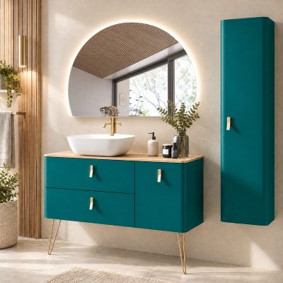 Mobile da bagno moderno con doppio lavabo in ceramica.