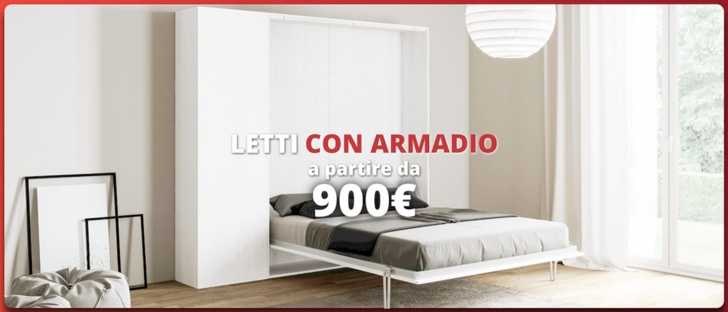 Camera moderna con letto a scomparsa integrato nell’armadio, promo “Letti con armadio a partire da 900 €”.