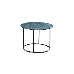 Table basse IAGO 60 avec structure en métal et plateau rond en verre bleu