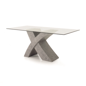 Table en béton RAUL avec plateau en verre et base effet bois