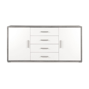Sideboard mit 2 Türen und 4 zentralen Schubladen 174 cm aus Melamin in Weißeiche – VALE