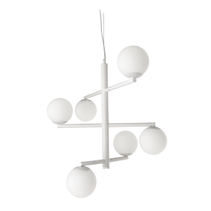 GIZAH hanging lamp with 6 lights in metal with diffusers in WHITE blown glass