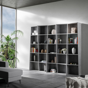 Cemento wooden bookcase 227x200h cm with 5 elements and trapezoidal compartments TREK