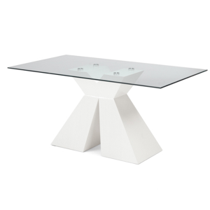 Tavolo con piano in vetro trasparente e base effetto legno ZEFIRO BIANCO