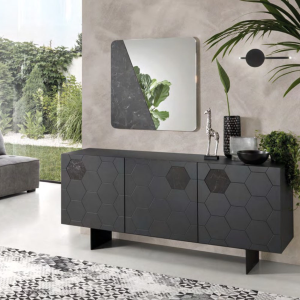 Anthracite 3-door sideboard with black marble effect inserts GLEN 180 cm with 2 feet