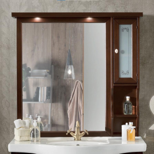 Wall-mounted bathroom mirror with door and open shelves MARA 105 walnut